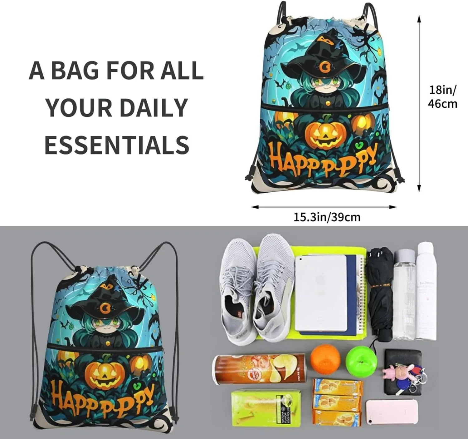 Drawstring Backpack Sports Gym Bags Gothic Happy Halloween Drawstring Bags for Men Women Beach Bag String Bag