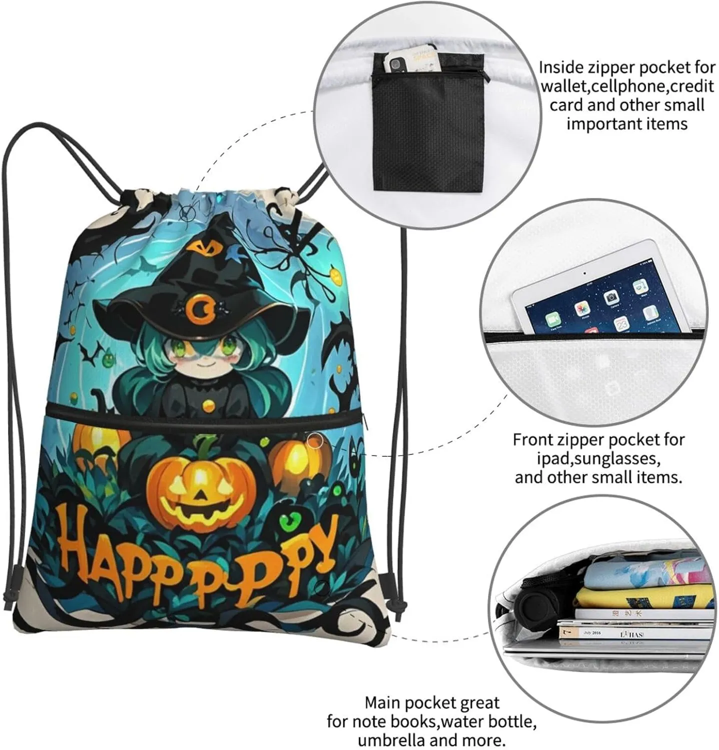 Drawstring Backpack Sports Gym Bags Gothic Happy Halloween Drawstring Bags for Men Women Beach Bag String Bag