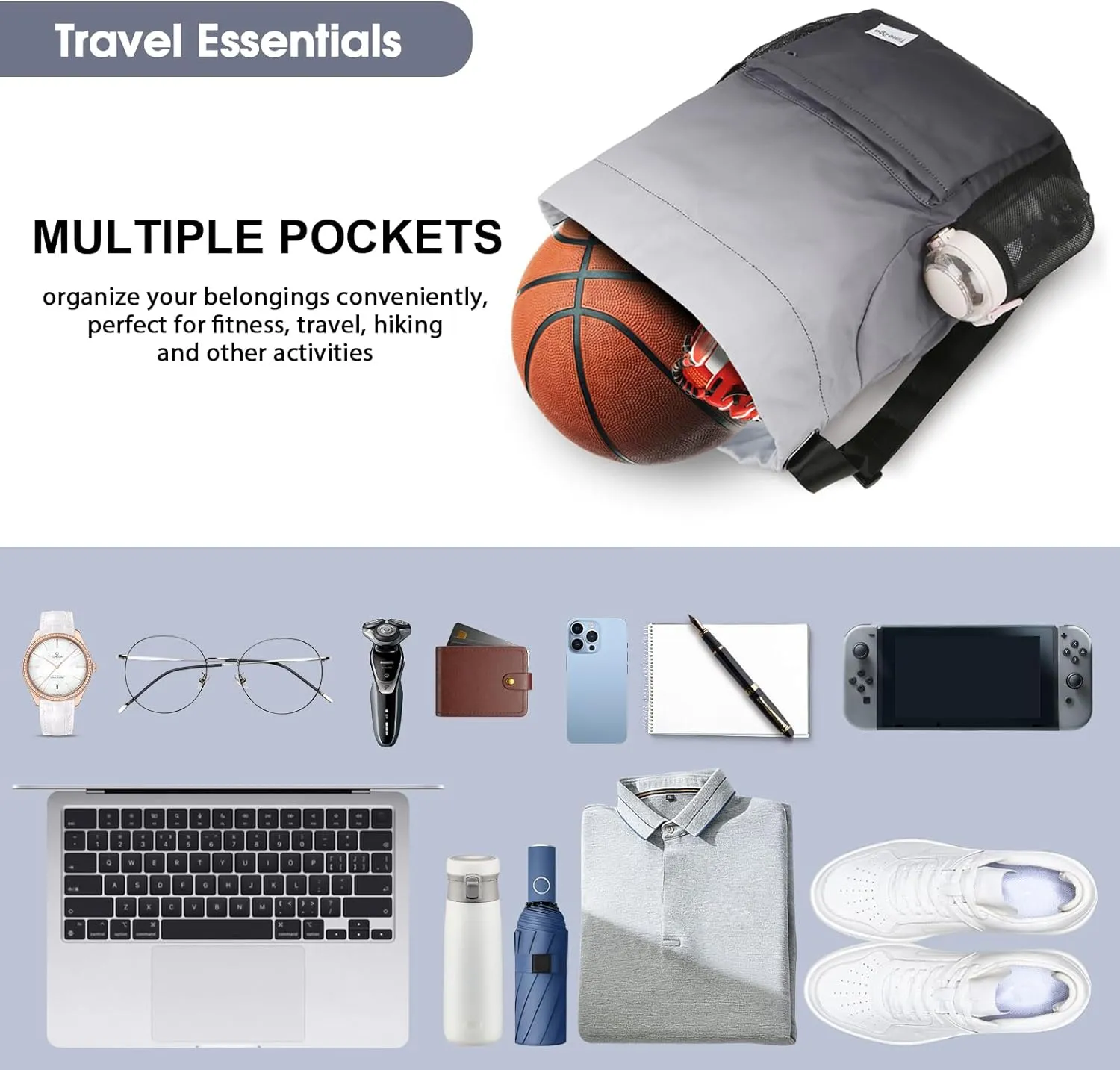 Drawstring Backpack Sports Gym Sackpack with Mesh Pockets Water-Resistant String Cinch Beach Bag for Men Women(Gradient Gray)