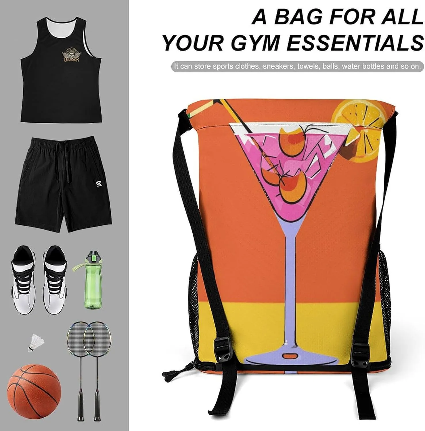 Drawstring Backpack Sports Gym Swim Bag with Shoes Compartment Cabana Cocktail Color Stuff Sack