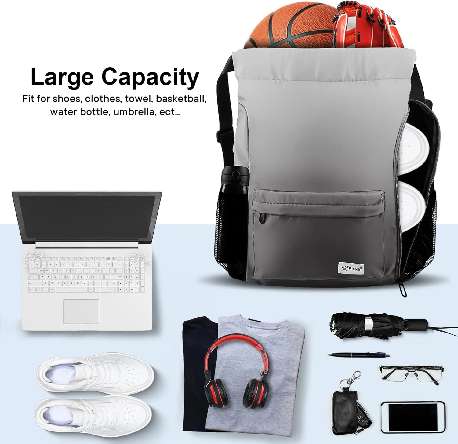 Drawstring Backpack with Mesh Pockets String Gym Bag Sackpack Sandproof Water Resistant Beach Backpack for Men Women