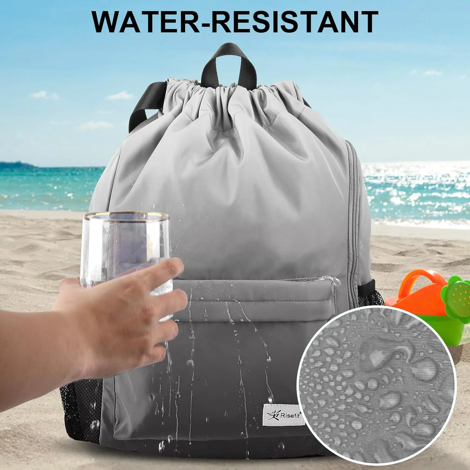 Drawstring Backpack with Mesh Pockets String Gym Bag Sackpack Sandproof Water Resistant Beach Backpack for Men Women