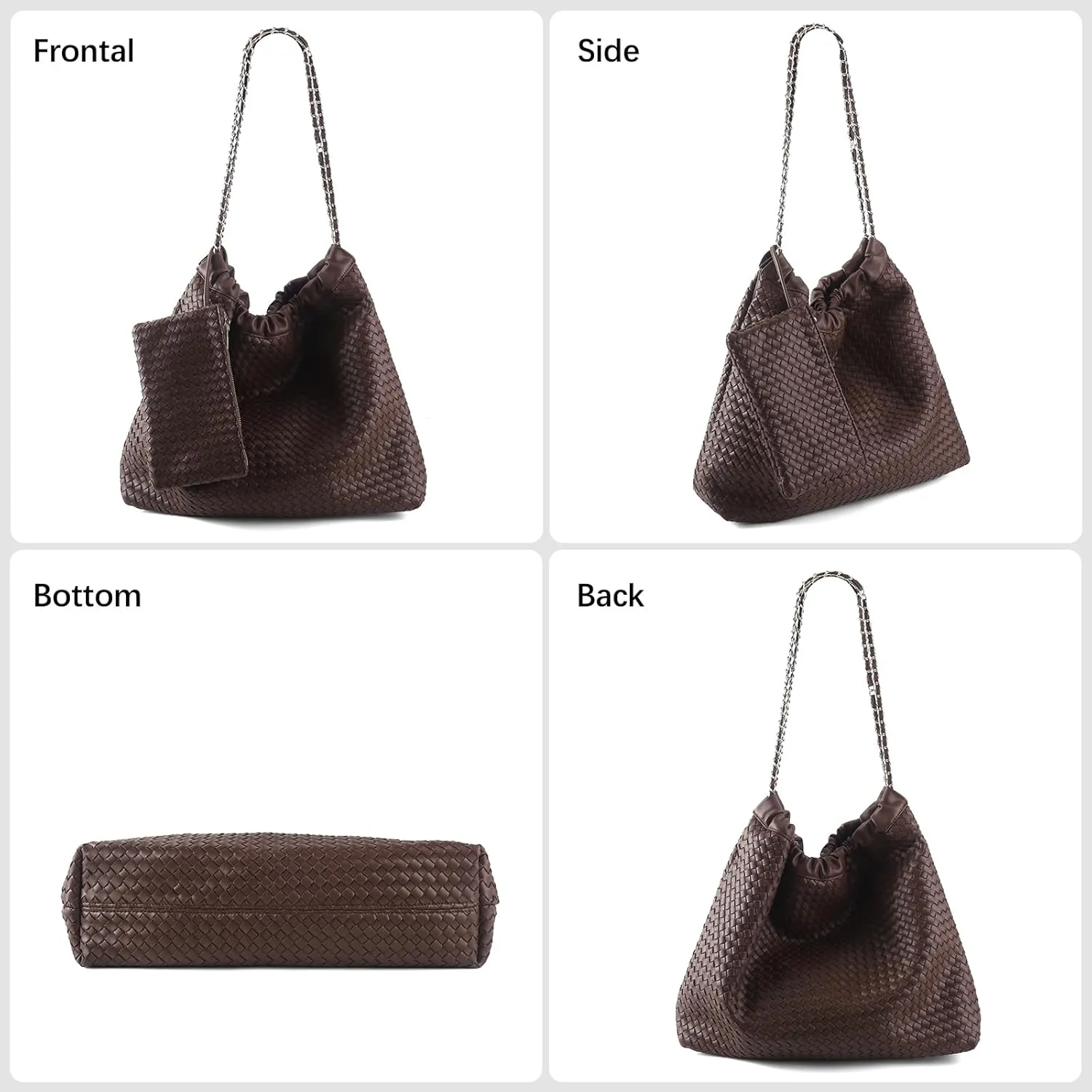Drawstring Bag for Women Leather Tote Large Capacity Travel Handbag and Purse Foldable Handmade Woven Shoulder Bag