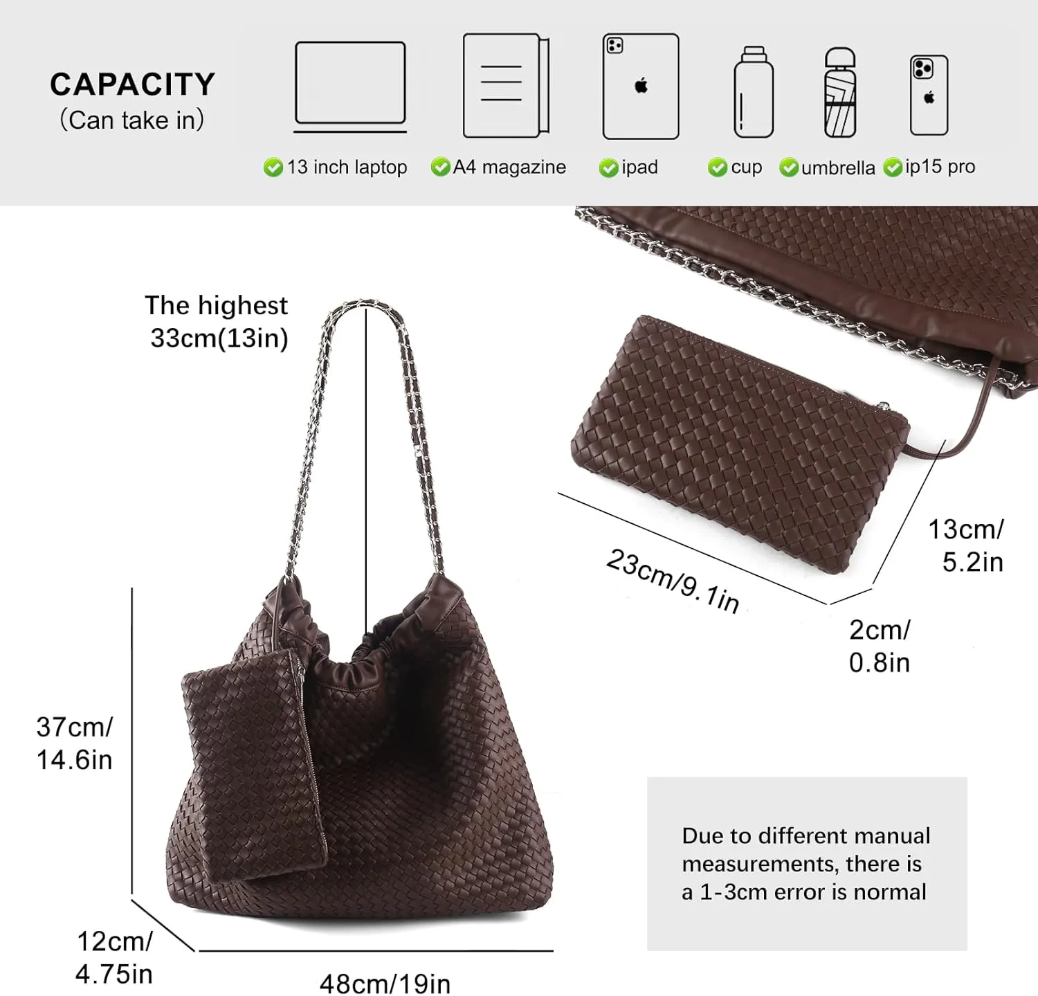 Drawstring Bag for Women Leather Tote Large Capacity Travel Handbag and Purse Foldable Handmade Woven Shoulder Bag