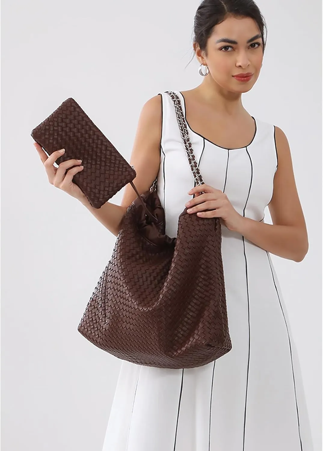 Drawstring Bag for Women Leather Tote Large Capacity Travel Handbag and Purse Foldable Handmade Woven Shoulder Bag