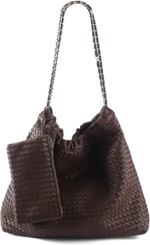 Drawstring Bag for Women Leather Tote Large Capacity Travel Handbag and Purse Foldable Handmade Woven Shoulder Bag