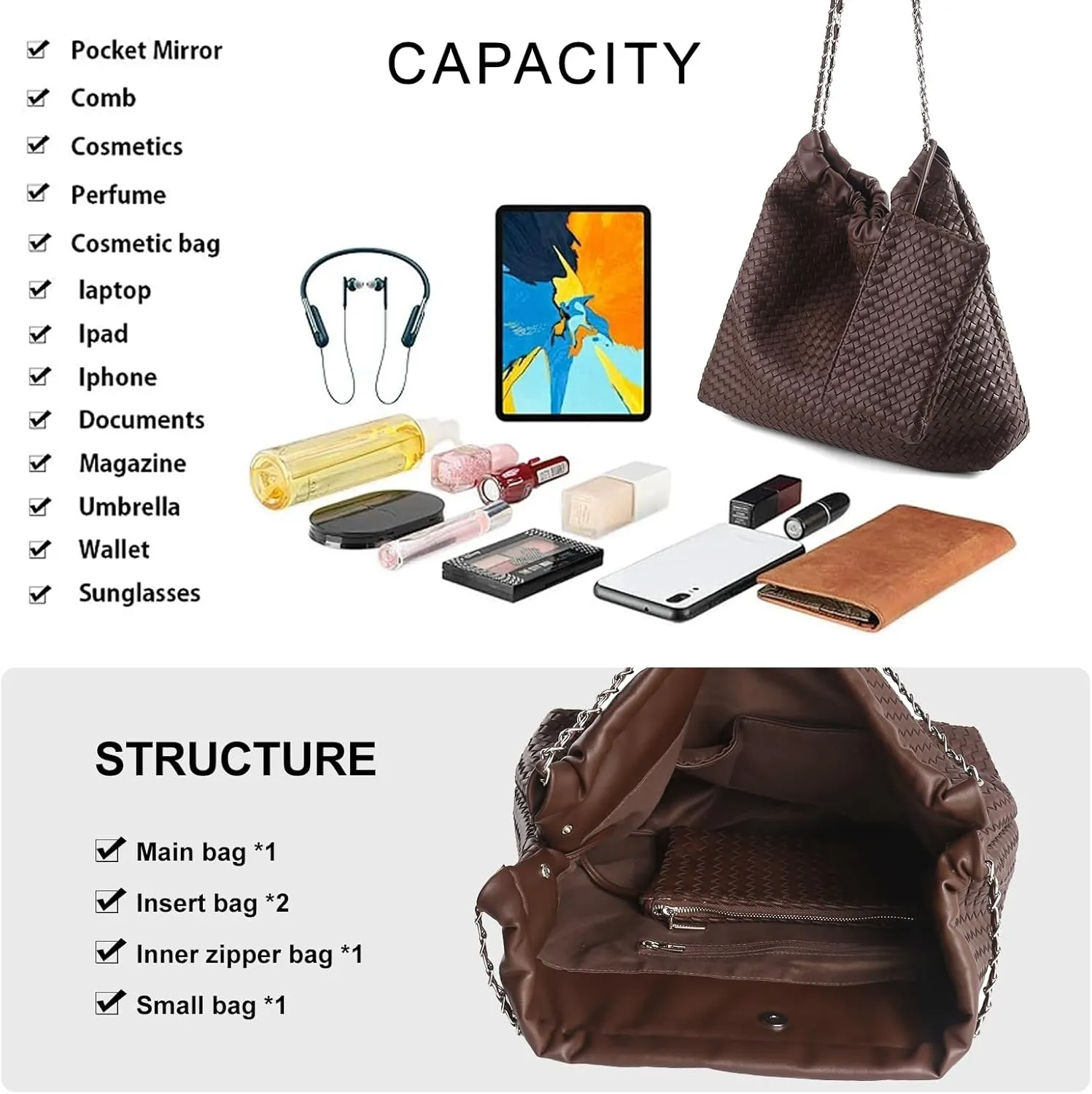 Drawstring Bag for Women Leather Tote Large Capacity Travel Handbag and Purse Foldable Handmade Woven Shoulder Bag