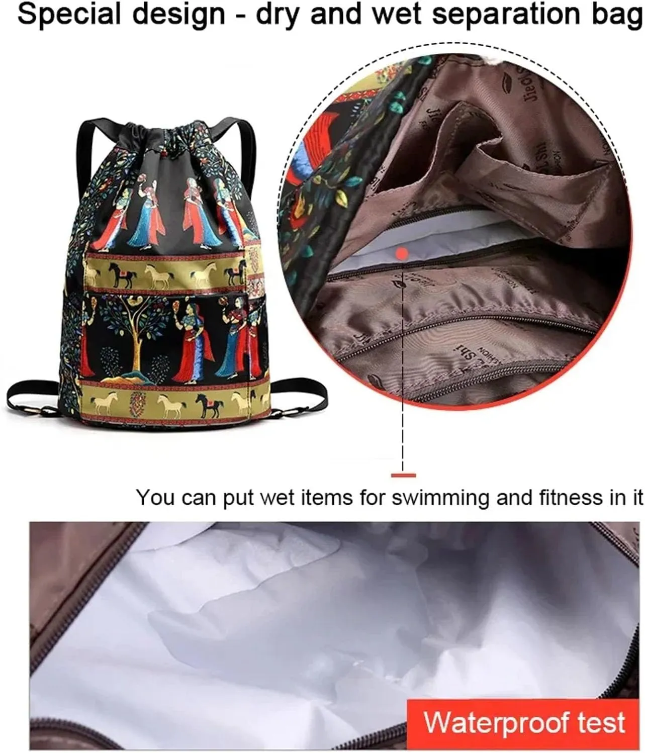 Drawstring Foldable Large Capacity Dry-wet Separation Travel Sports Backpack Waterproof Gym Bag with Multiple Pockets (Blue)