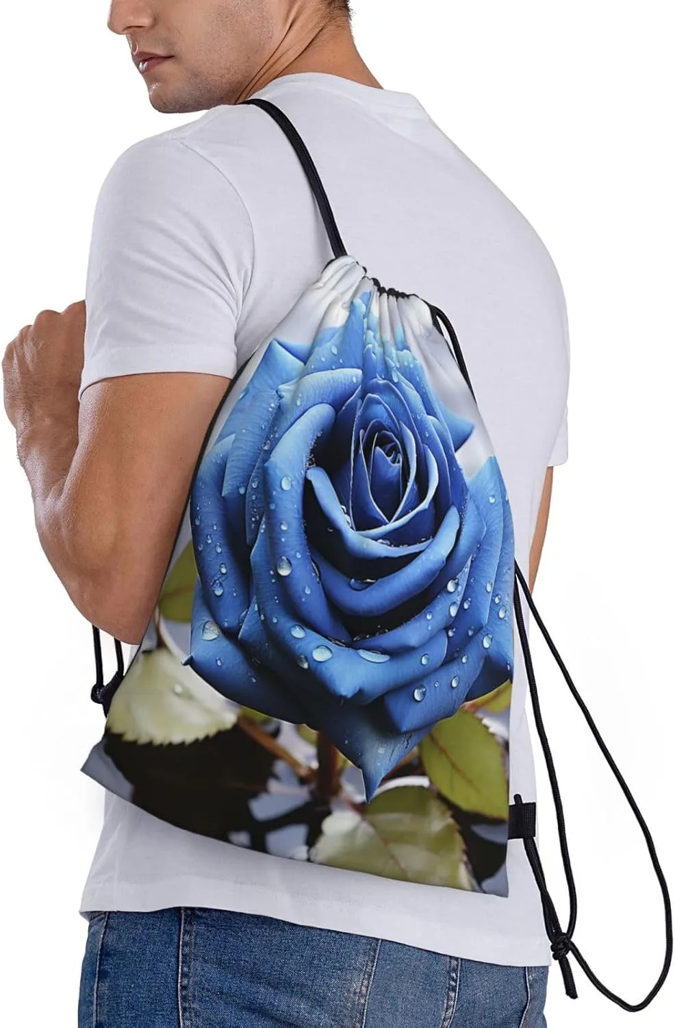 Drawstring Gym Backpack Romantic Blue Rose Sports String Bag Water Resistan Beach Swim Travel Sackpack
