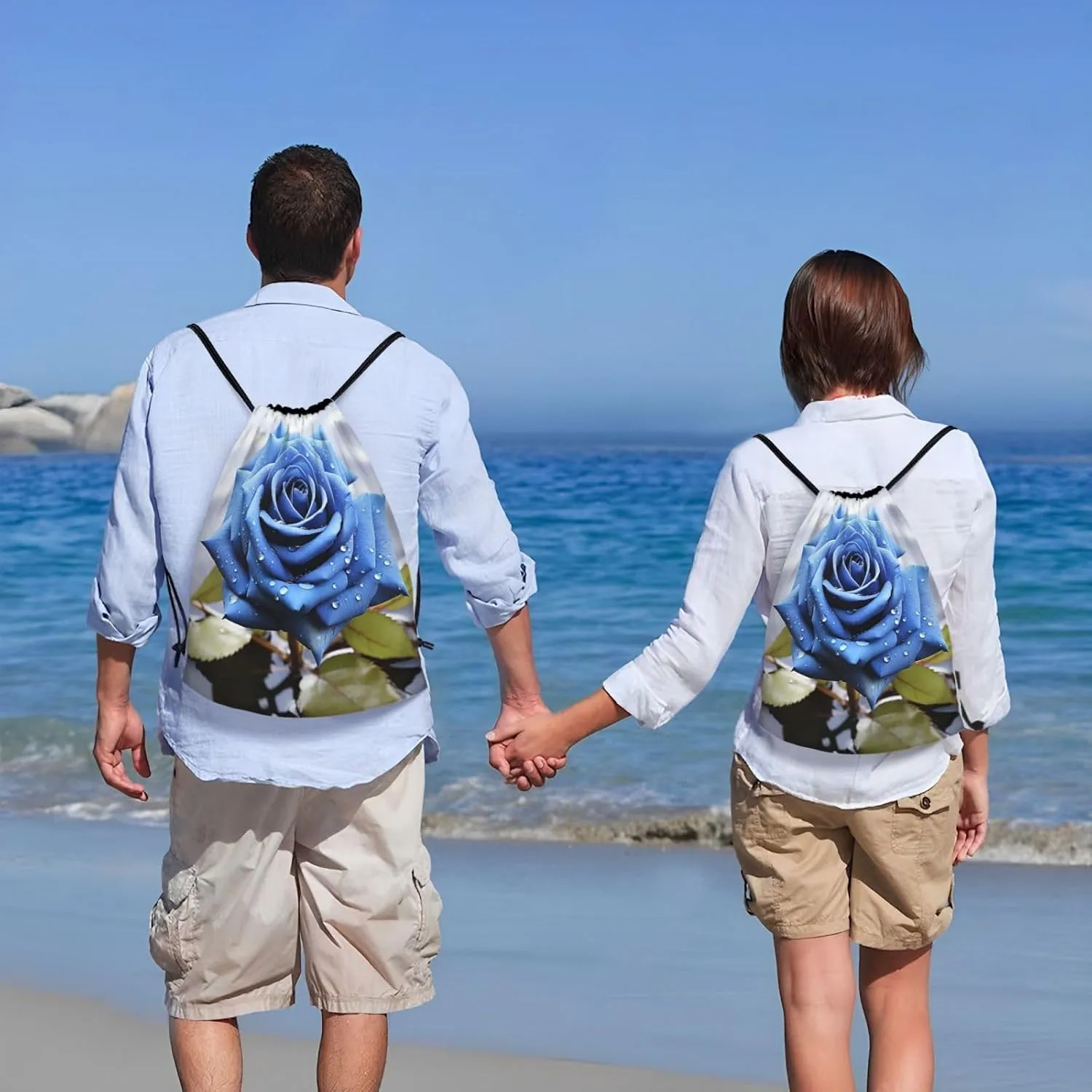 Drawstring Gym Backpack Romantic Blue Rose Sports String Bag Water Resistan Beach Swim Travel Sackpack