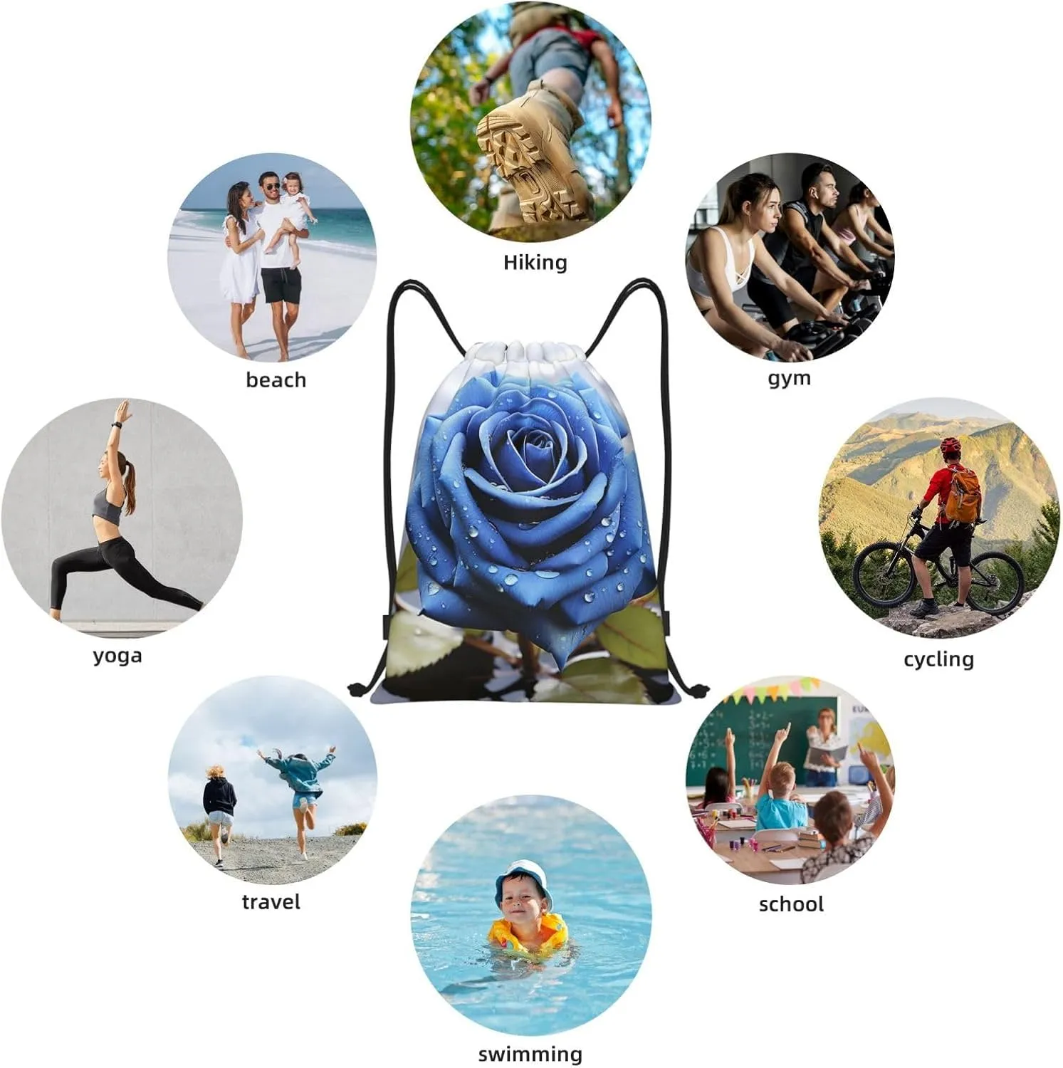 Drawstring Gym Backpack Romantic Blue Rose Sports String Bag Water Resistan Beach Swim Travel Sackpack