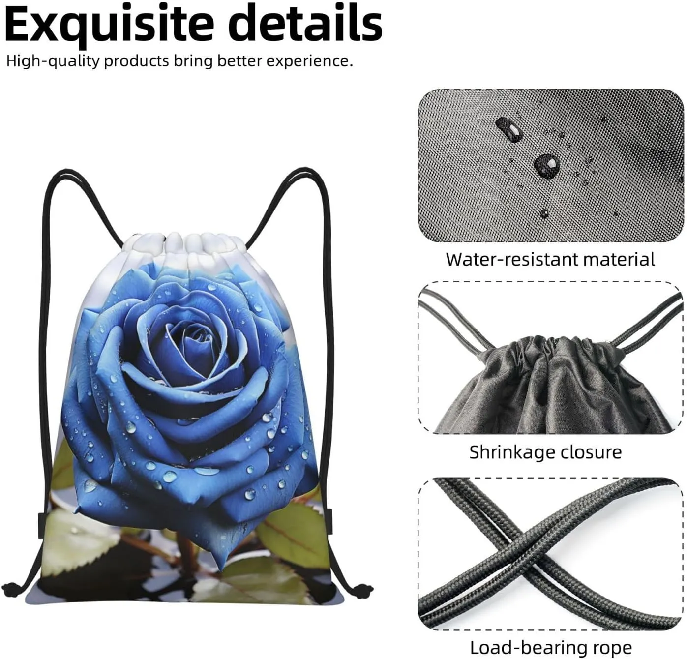 Drawstring Gym Backpack Romantic Blue Rose Sports String Bag Water Resistan Beach Swim Travel Sackpack
