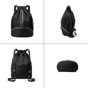 Drawstring Gym Bag for Men, Waterproof Drawstring Backpack for Women, Swim Bag with Shoes Compartment, Pull String Sport Bag for Soccer and Basketball. (Dark Blue)