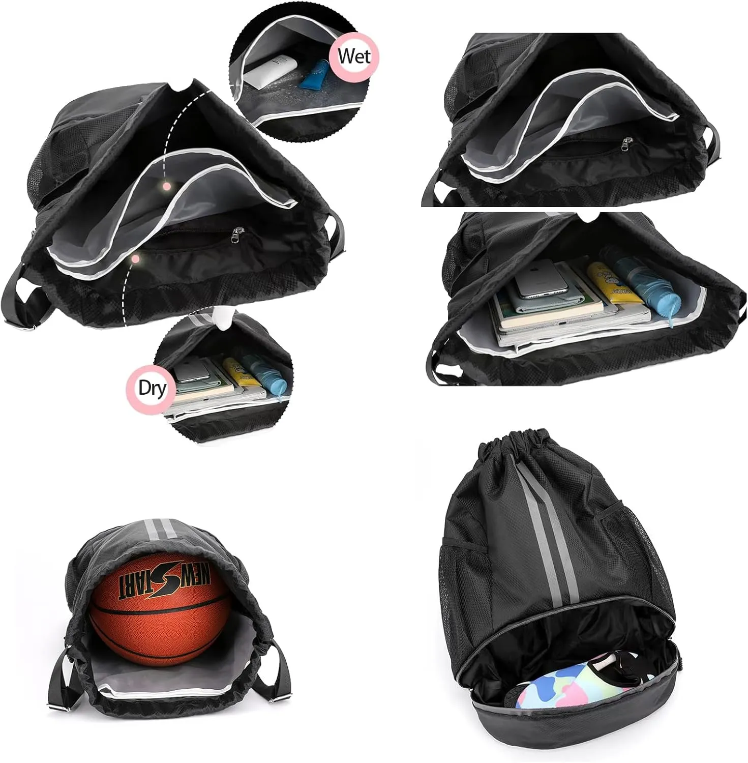 Drawstring Gym Bag for Men, Waterproof Drawstring Backpack for Women, Swim Bag with Shoes Compartment, Pull String Sport Bag for Soccer and Basketball. (Dark Blue)