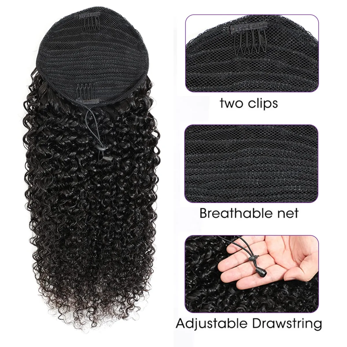 Drawstring Ponytail Human Hair Bun For Women 10A Brazilian Virgin Human Hair Afro Kinky Curly Clip In Ponytail Extension Human Hair Pieces 120g Natural Color (12 Inch, Kinky Curly)