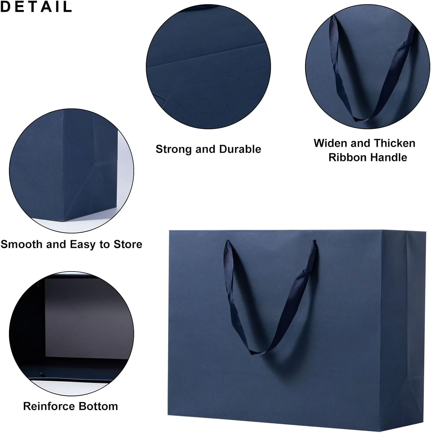 Driew Navy Blue Gift Bags, 12 Pack Extra Large Gift Bags with Ribbon Handles - Heavy Duty Paper, 13x5x10 Inches - Perfect for Shopping, Packing, Parties
