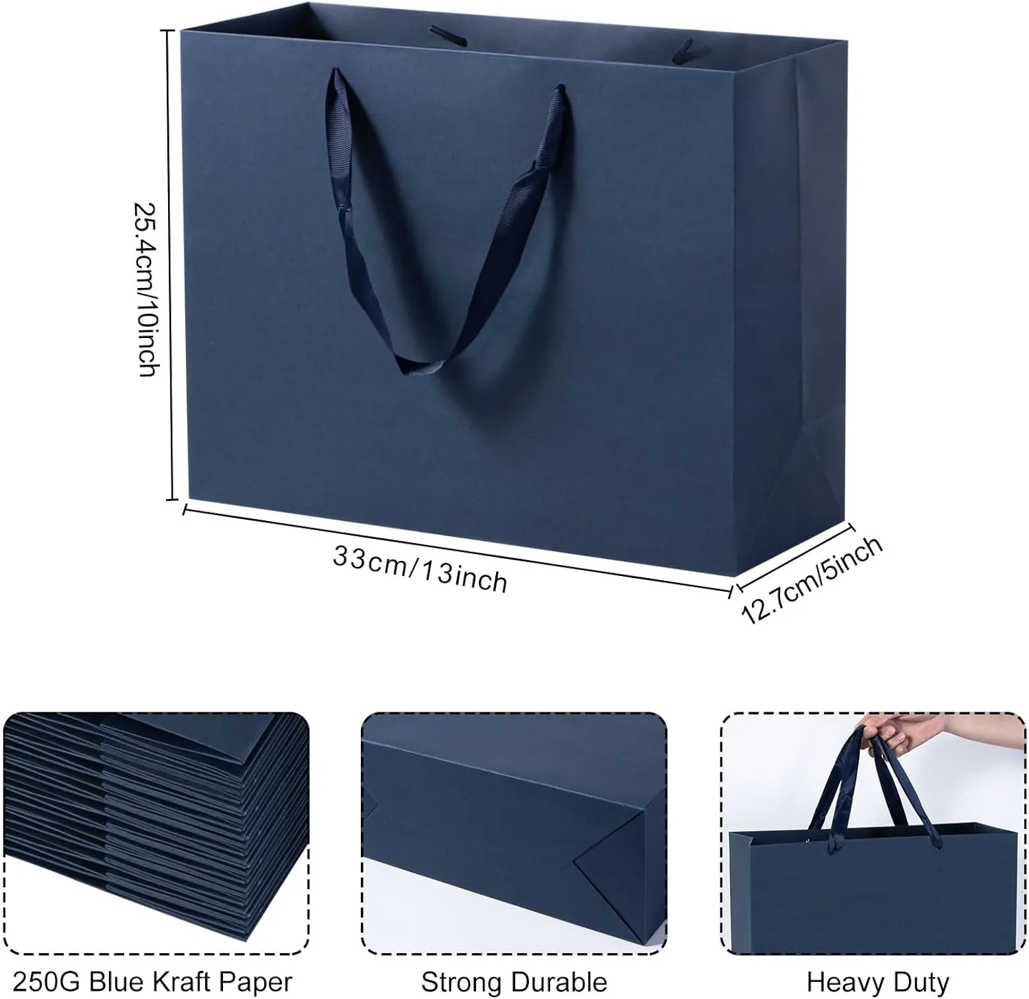 Driew Navy Blue Gift Bags, 12 Pack Extra Large Gift Bags with Ribbon Handles - Heavy Duty Paper, 13x5x10 Inches - Perfect for Shopping, Packing, Parties