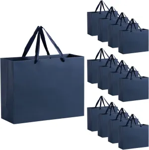 Driew Navy Blue Gift Bags, 12 Pack Extra Large Gift Bags with Ribbon Handles - Heavy Duty Paper, 13x5x10 Inches - Perfect for Shopping, Packing, Parties