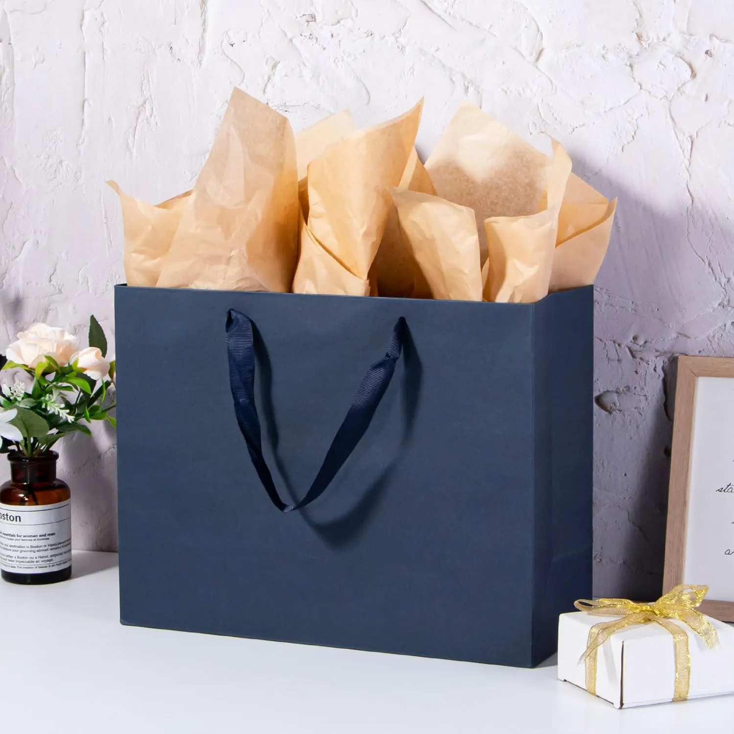Driew Navy Blue Gift Bags, 12 Pack Extra Large Gift Bags with Ribbon Handles - Heavy Duty Paper, 13x5x10 Inches - Perfect for Shopping, Packing, Parties
