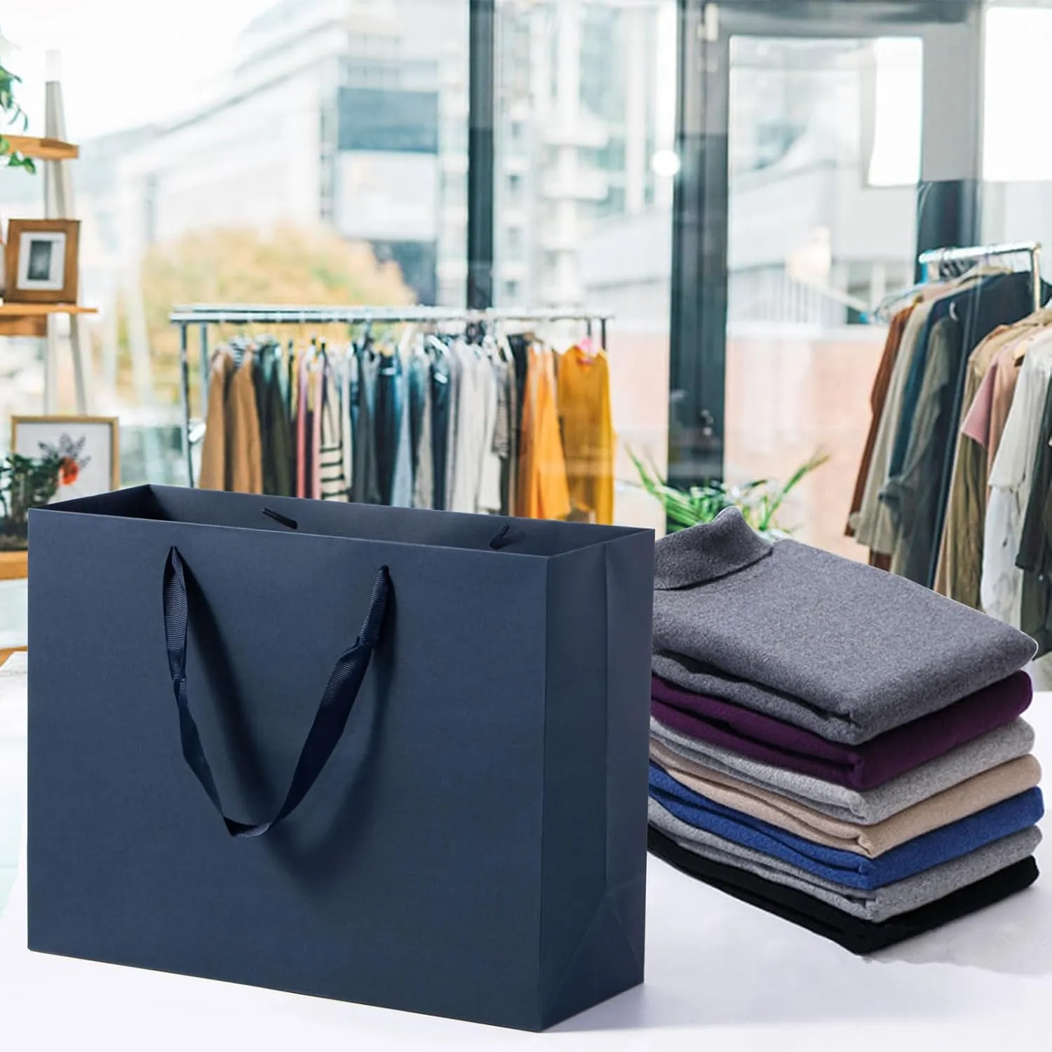 Driew Navy Blue Gift Bags, 12 Pack Extra Large Gift Bags with Ribbon Handles - Heavy Duty Paper, 13x5x10 Inches - Perfect for Shopping, Packing, Parties