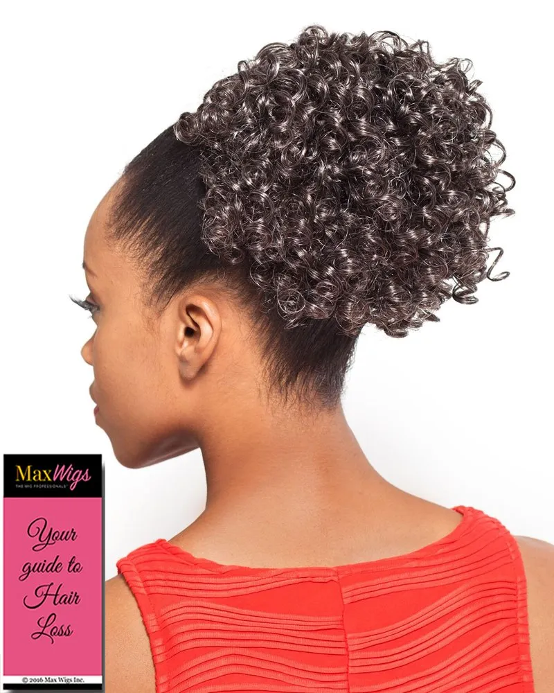 DS003 Ponytail Color 51 Light Gray - Foxy Silver Wigs 6" Short Length Drawstring Curly Hairpiece Extension Synthetic Black Grey Bun Womens Bundle MaxWigs Hairloss Booklet