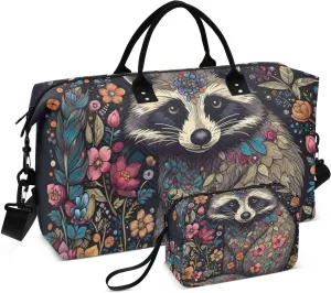 Duffel Bag Set for Travel Gym Sport, Weekender Bag Carry on Overnight Bag for Women Men-Raccoon and Flower Print