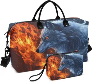 Duffel Bag Set for Travel Gym Sport, Weekender Bag Carry on Overnight Bags for Women Men-Flaming Wolf Print