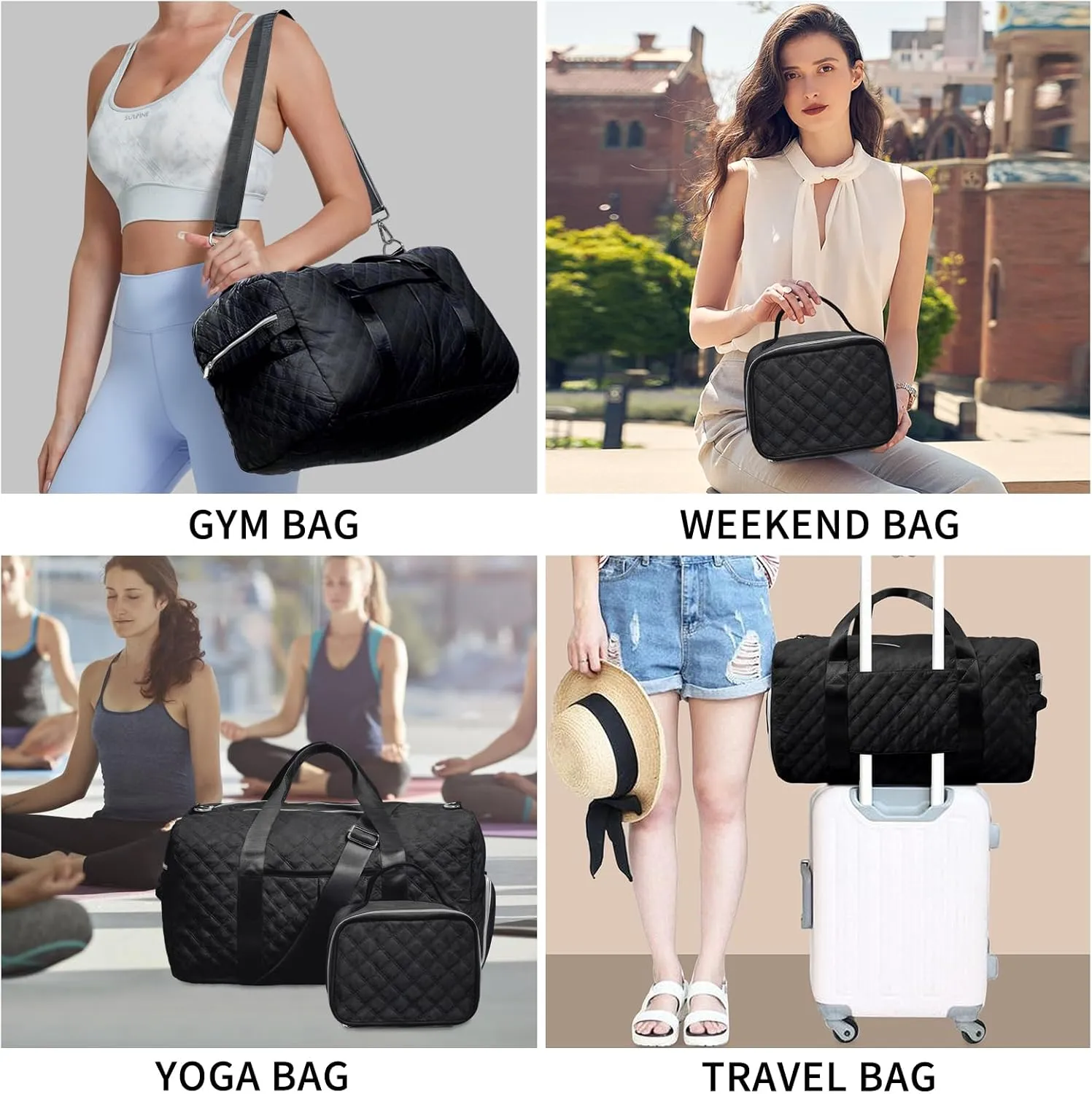 Duffle Bag for Women, Weekender Bag with Shoe Compartment, Carry On Overnight Bag for Travel with Cosmetic Bag, Toiletry Bag, Yoga Gym Bag with Wet Pocket (Black)