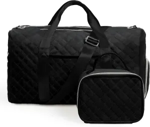 Duffle Bag for Women, Weekender Bag with Shoe Compartment, Carry On Overnight Bag for Travel with Cosmetic Bag, Toiletry Bag, Yoga Gym Bag with Wet Pocket (Black)