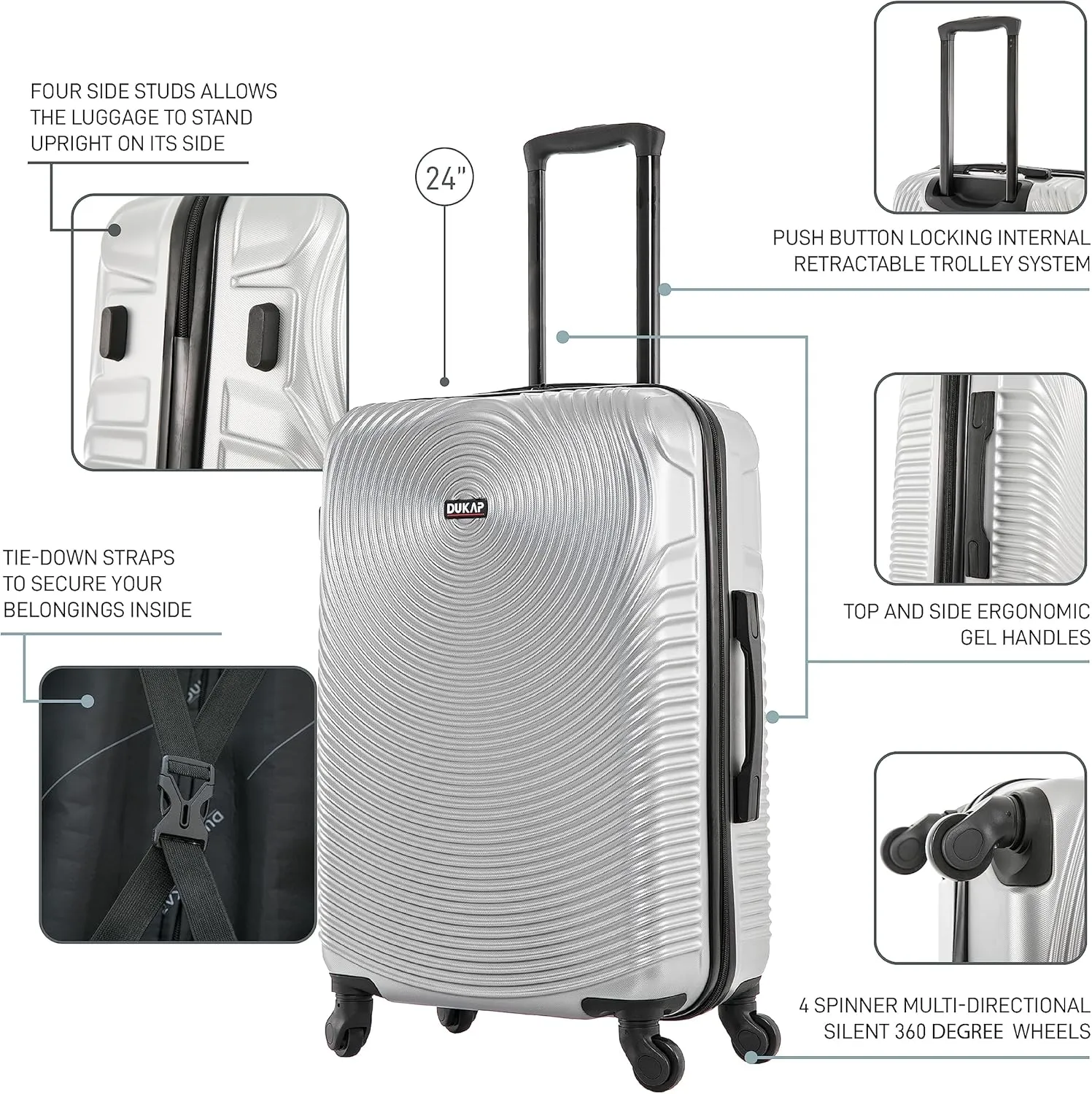 DUKAP INCEPTION Luggage with Spinner Wheels | Durable Lightweight Hardside Suitcase, Travel Bag with Handle and Trolley, 24-Inch Medium Checked Luggage | Silver