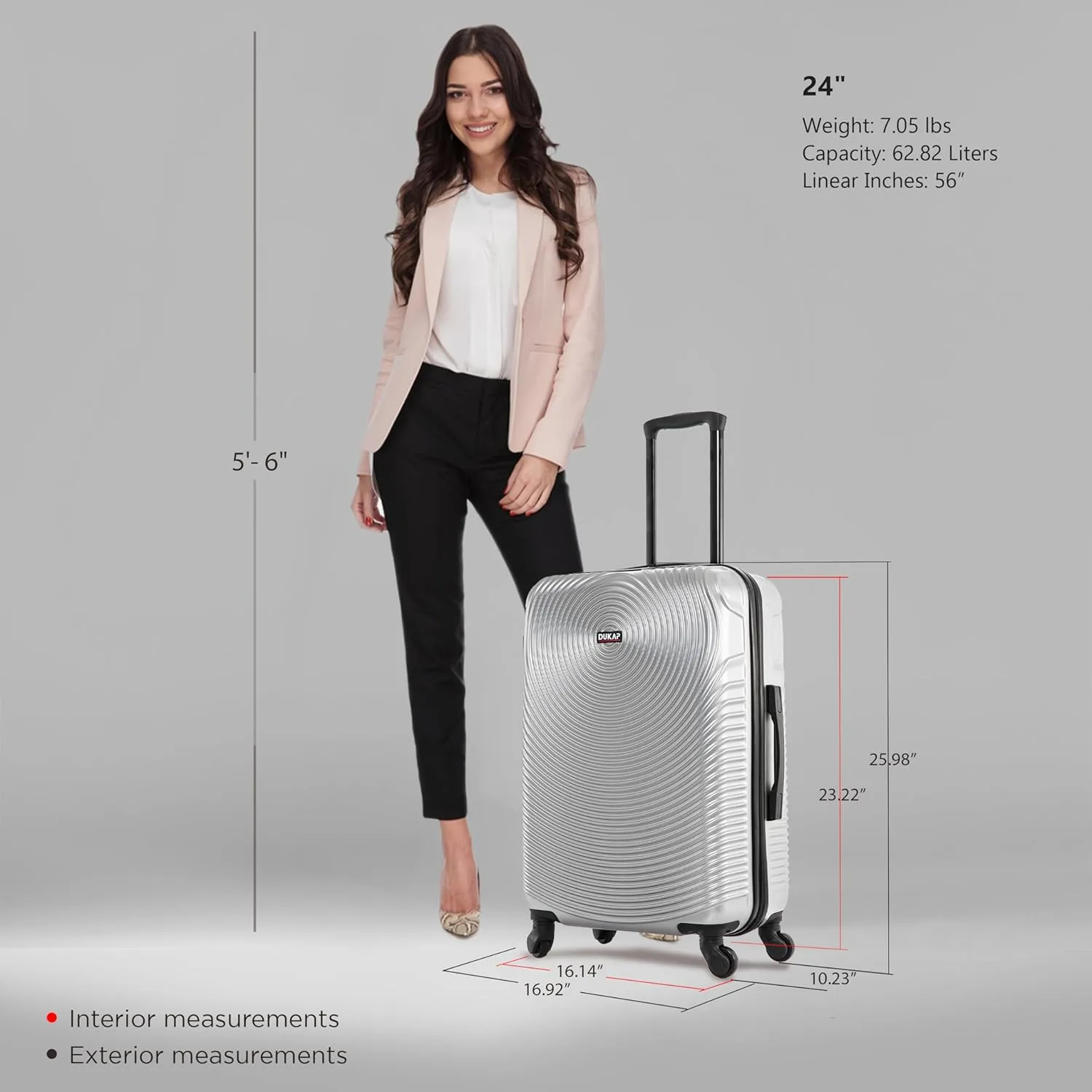 DUKAP INCEPTION Luggage with Spinner Wheels | Durable Lightweight Hardside Suitcase, Travel Bag with Handle and Trolley, 24-Inch Medium Checked Luggage | Silver