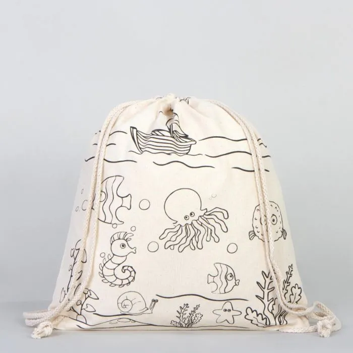 Dyeable Fish & Boat Printed Drawstring Tote Bag 14" W x 16" H (35x 40 cm)  -  Felt-tip Pen