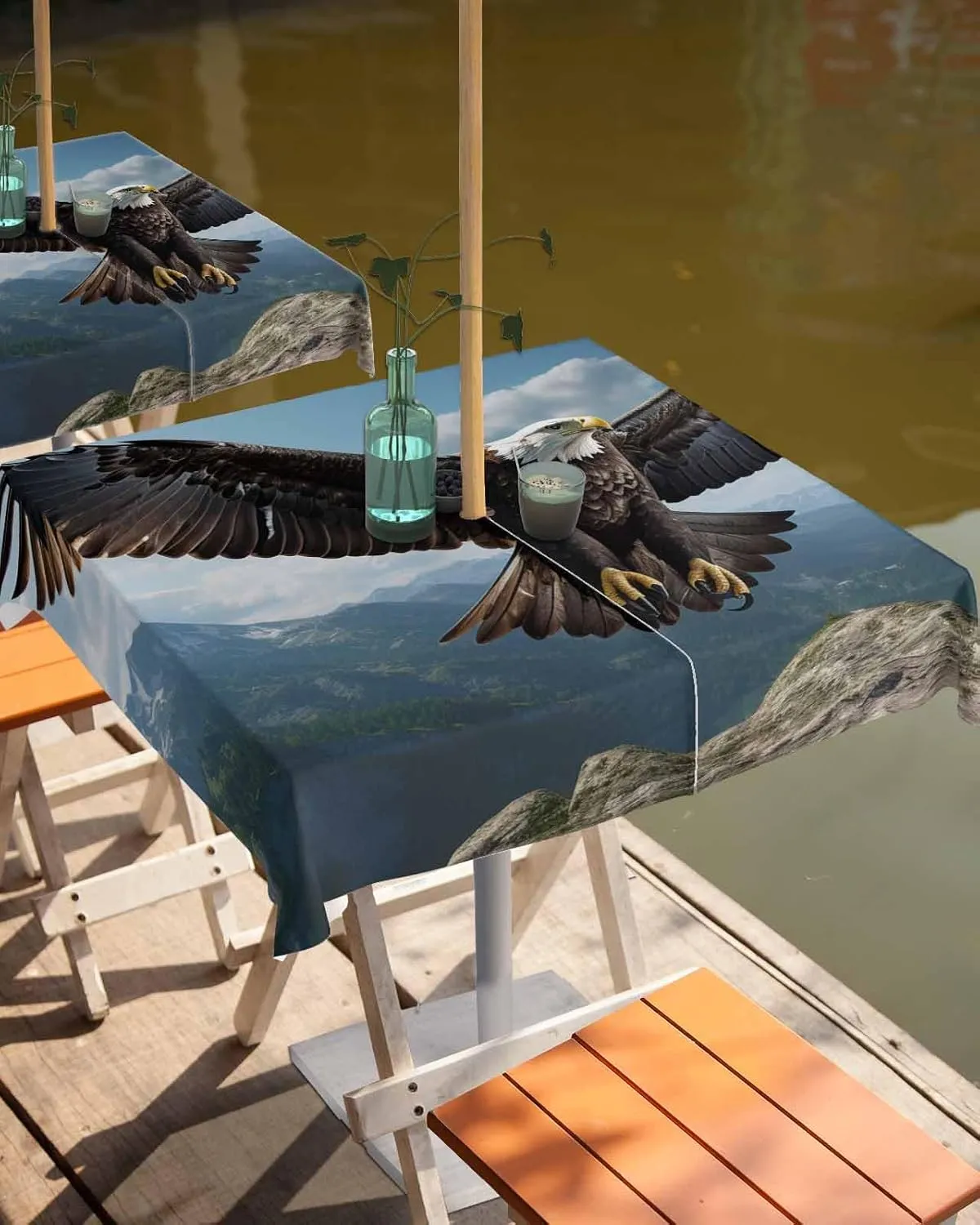 Eagle Outdoor Tablecloths with Umbrella Hole and Zipper, Forest Mountains Range Sky Animal Natural Landscape Waterproof/Stain Resistant Square Table Cloth 60x60 Patio Table Cover for Picnic/Party