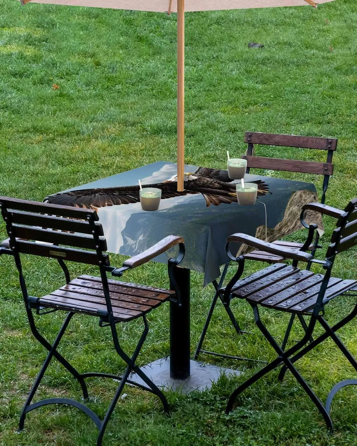 Eagle Outdoor Tablecloths with Umbrella Hole and Zipper, Forest Mountains Range Sky Animal Natural Landscape Waterproof/Stain Resistant Square Table Cloth 60x60 Patio Table Cover for Picnic/Party