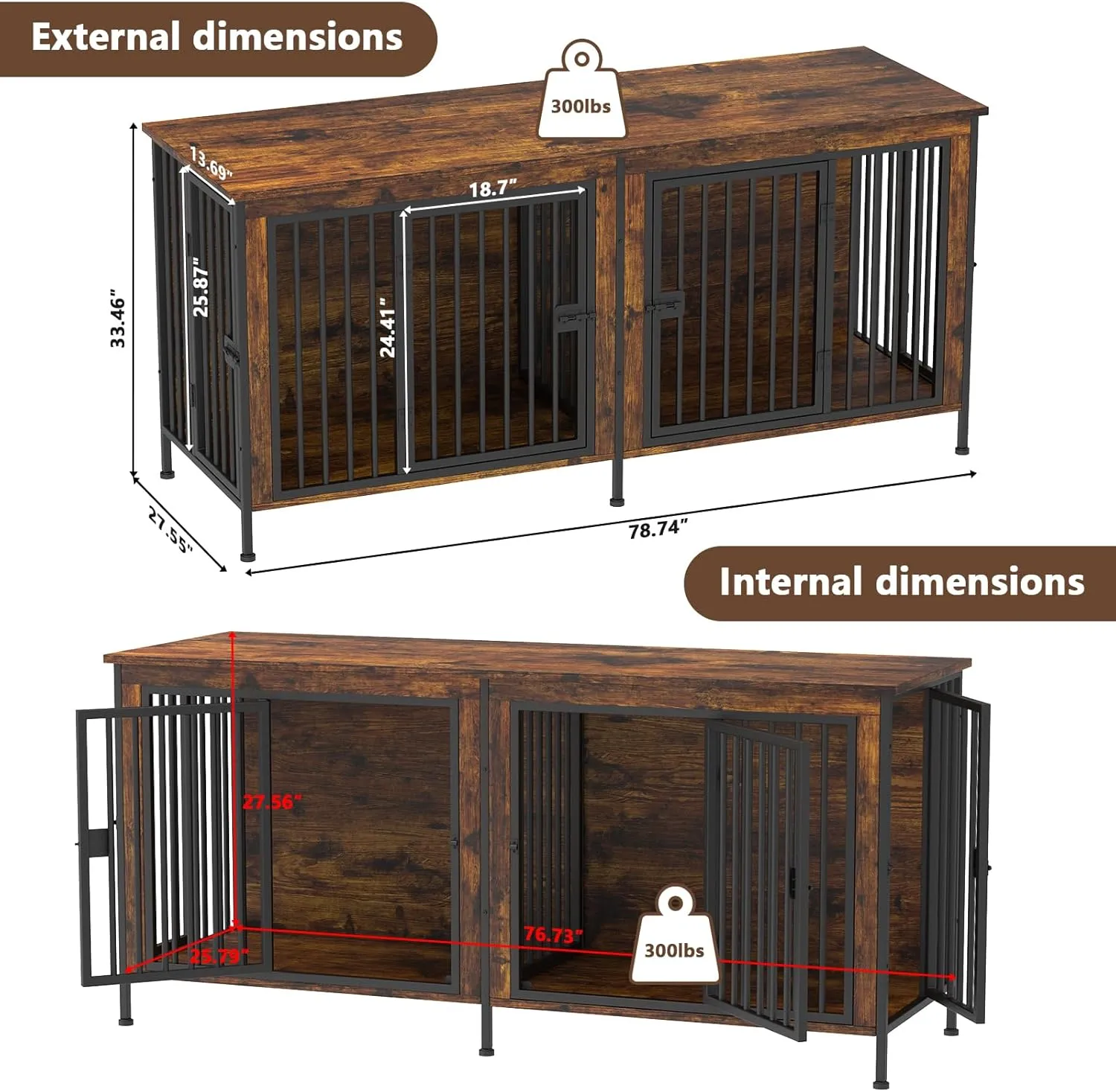 EasyCom 78 Inch Dog Crate Furniture for 2 Dogs, Extra Large Double Dog Cage Large Breed, XXL Thick Wooden Dog Crate TV Stand, Sturdy Dog Kennel with Divider