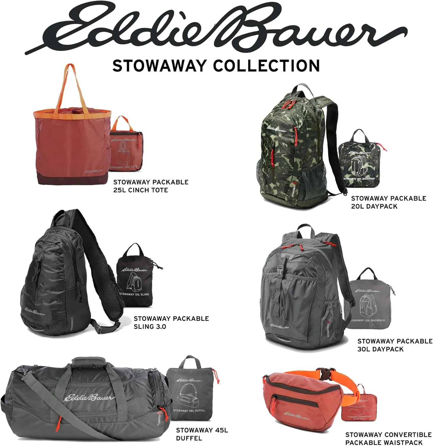 Eddie Bauer Stowaway Packable Tote Bag | Lightweight | Compact | Cinch Closure | Ripstop Nylon | 25l Capacity