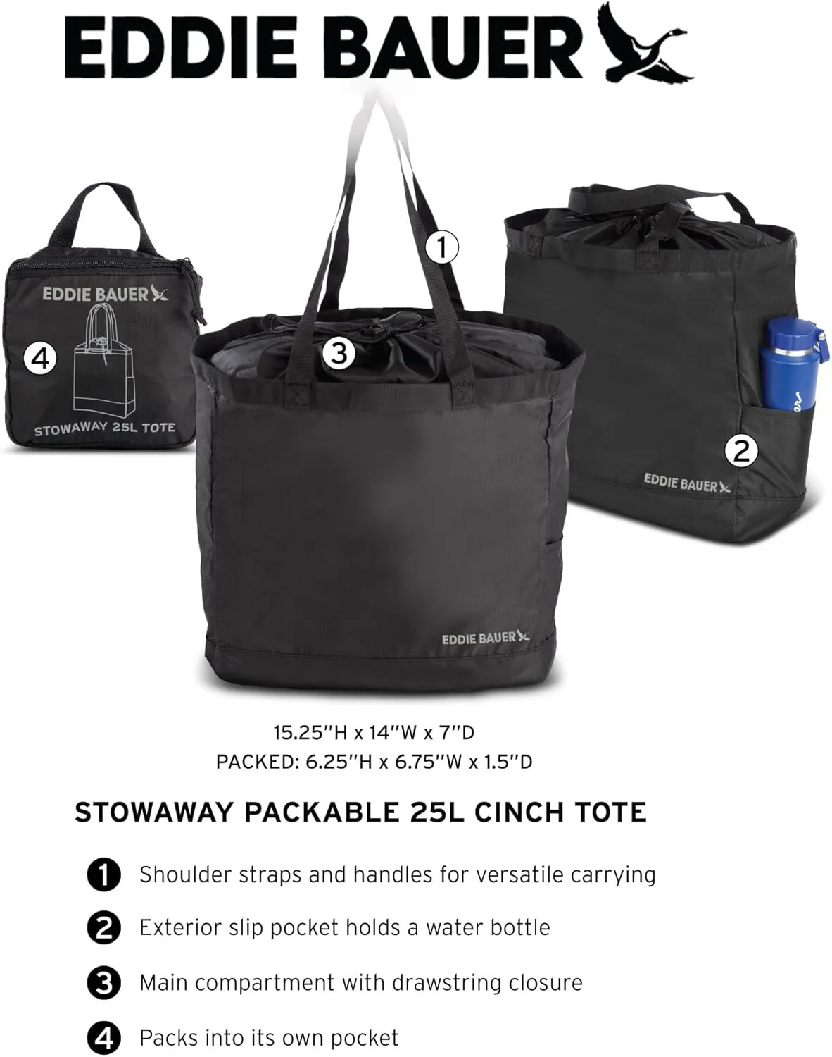 Eddie Bauer Stowaway Packable Tote Bag | Lightweight | Compact | Cinch Closure | Ripstop Nylon | 25l Capacity