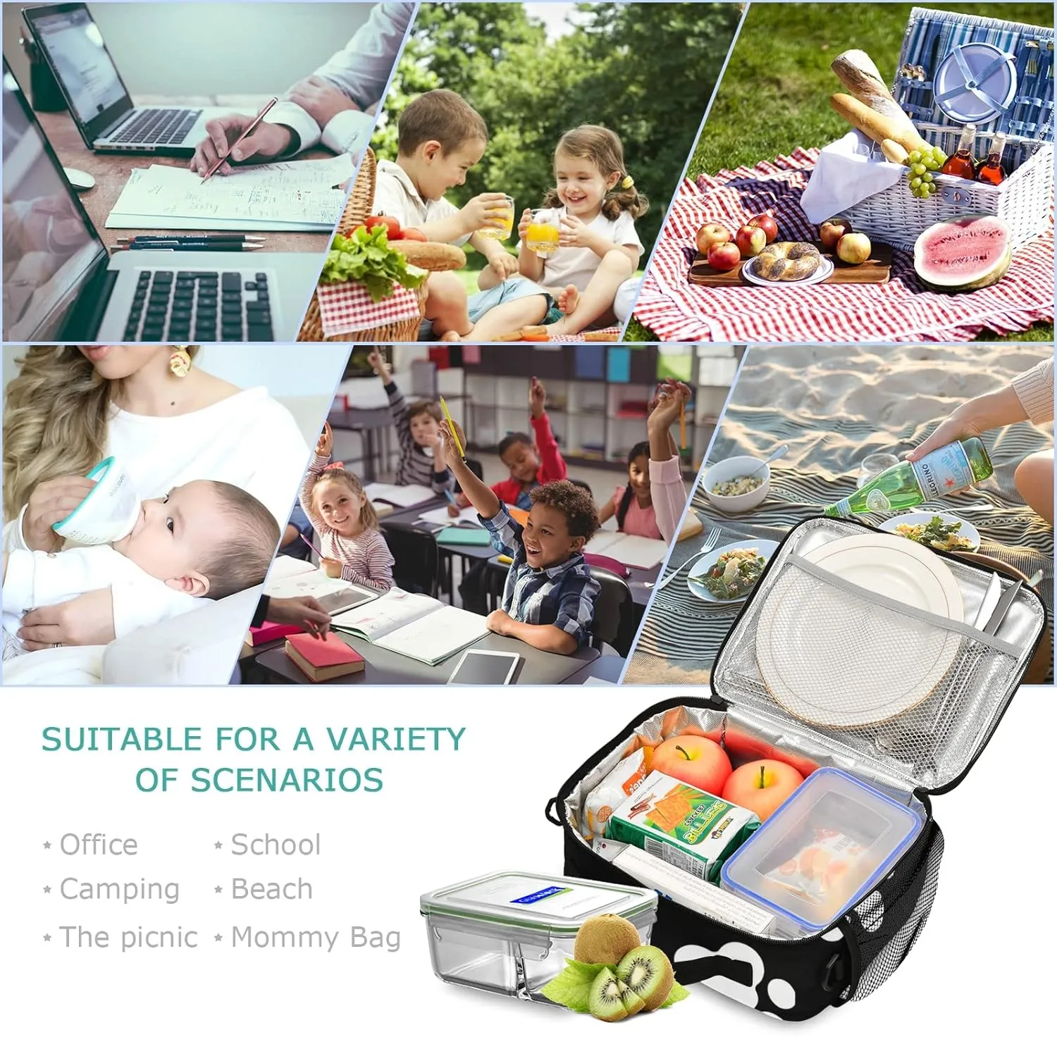 Eionryn Animal Paw Prints Silhouette Lunch Bags Lovely Dog Paw Prints Lunch Box Insulated Cooler Bag Reusable Tote Shoulder Bag for Outdoor Picnic Meal Office