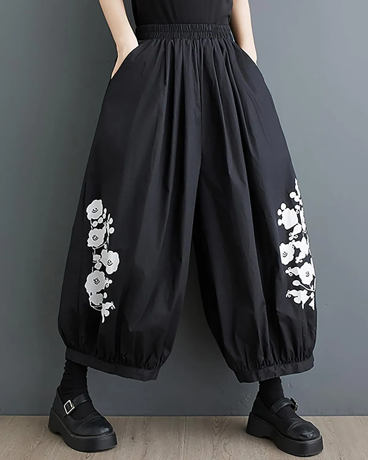 ellazhu Women's Puffy Drawstring Elastic Waist Drop Crotch Hakama Harem Wide Leg Pants GZ81 A