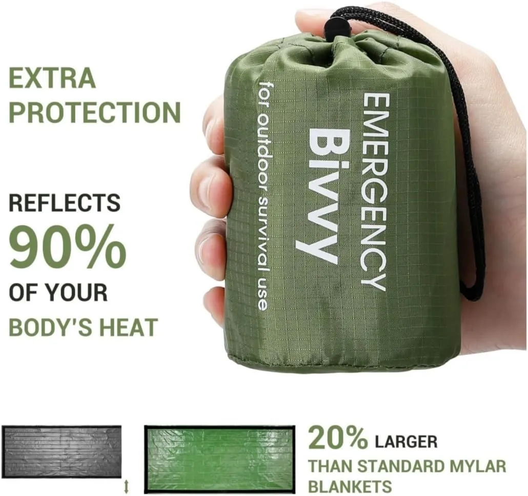 Emergency Sleeping Bag, Polyester Film Bivy Sack Survival Bag with Drawstring Dag and Whistle for Earthquakes, Hurricane, Hiking, Camping