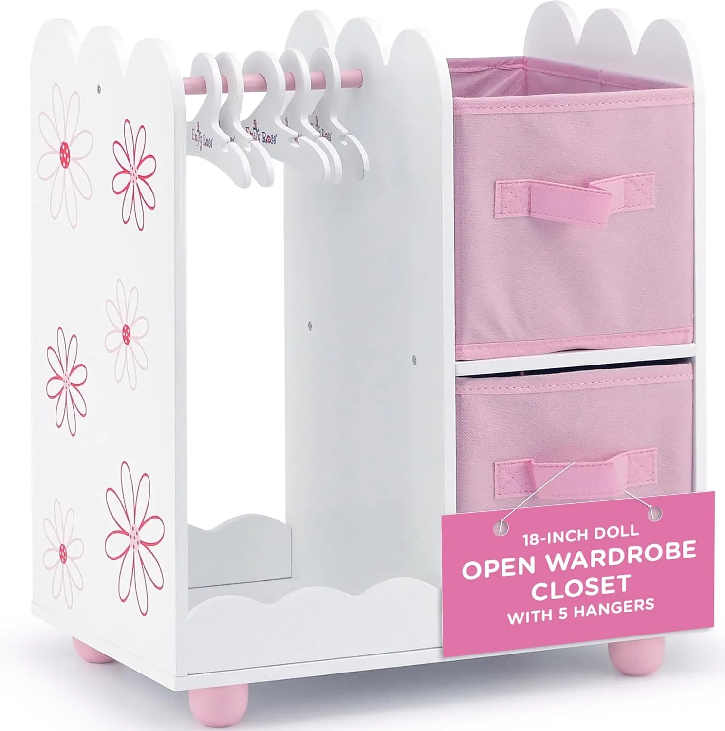 Emily Rose | USA Company | 18 Inch Doll Clothes Open Closet Furniture Accessory - Wooden Doll Accessories Toy Playsets - with 5 Free Wooden 18" Doll Clothing Hangers and 2 Large Storage Bins - Floral