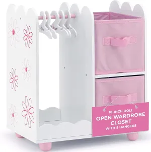 Emily Rose | USA Company | 18 Inch Doll Clothes Open Closet Furniture Accessory - Wooden Doll Accessories Toy Playsets - with 5 Free Wooden 18" Doll Clothing Hangers and 2 Large Storage Bins - Floral