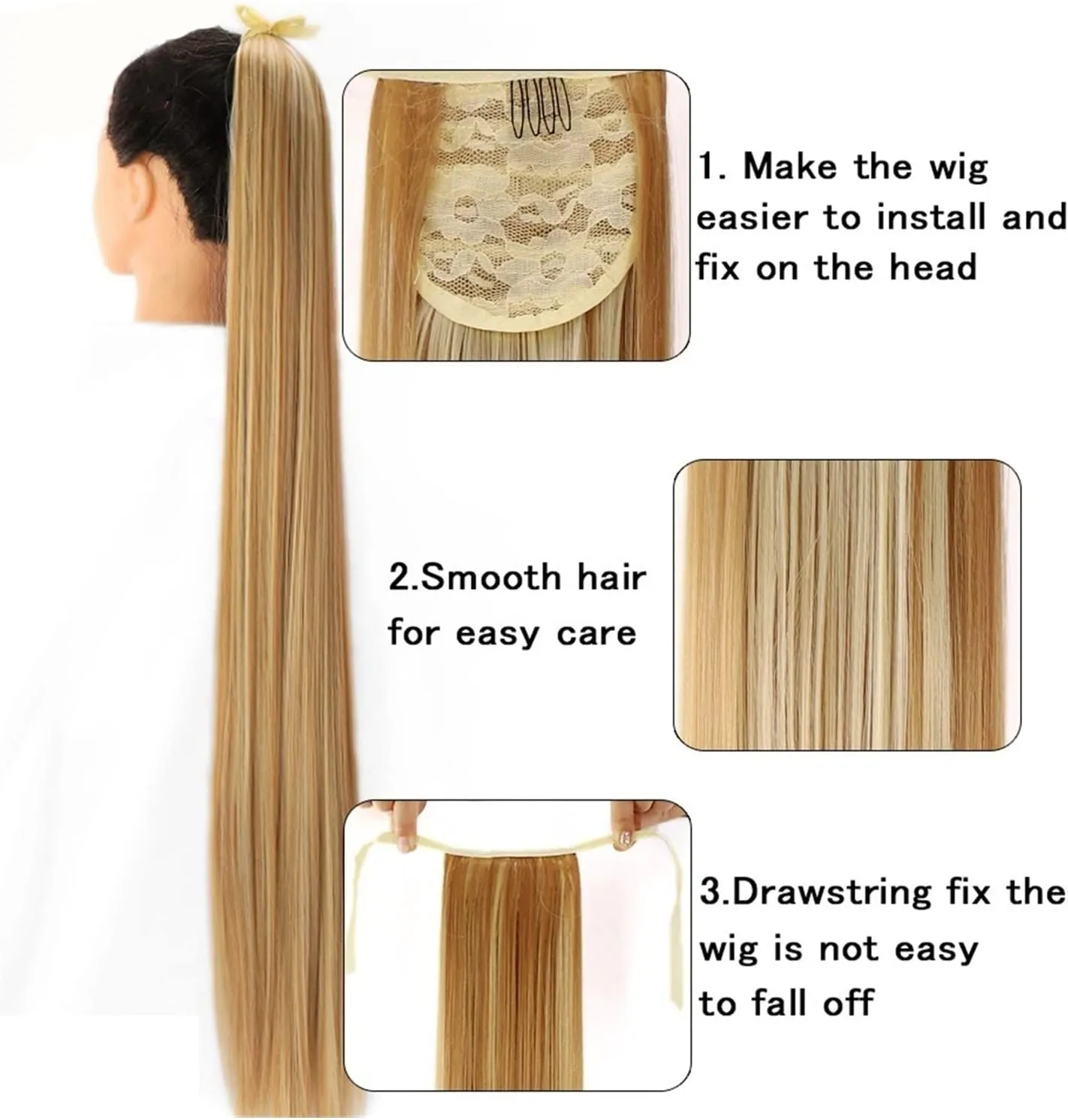ENGENDER Hair Bun 1 Pack Long Straight Drawstring Hair Clip Ponytail Extension Synthetic Wig Hair Extensions Bun for Everyday Party Use Hair Piece(03,75CM)