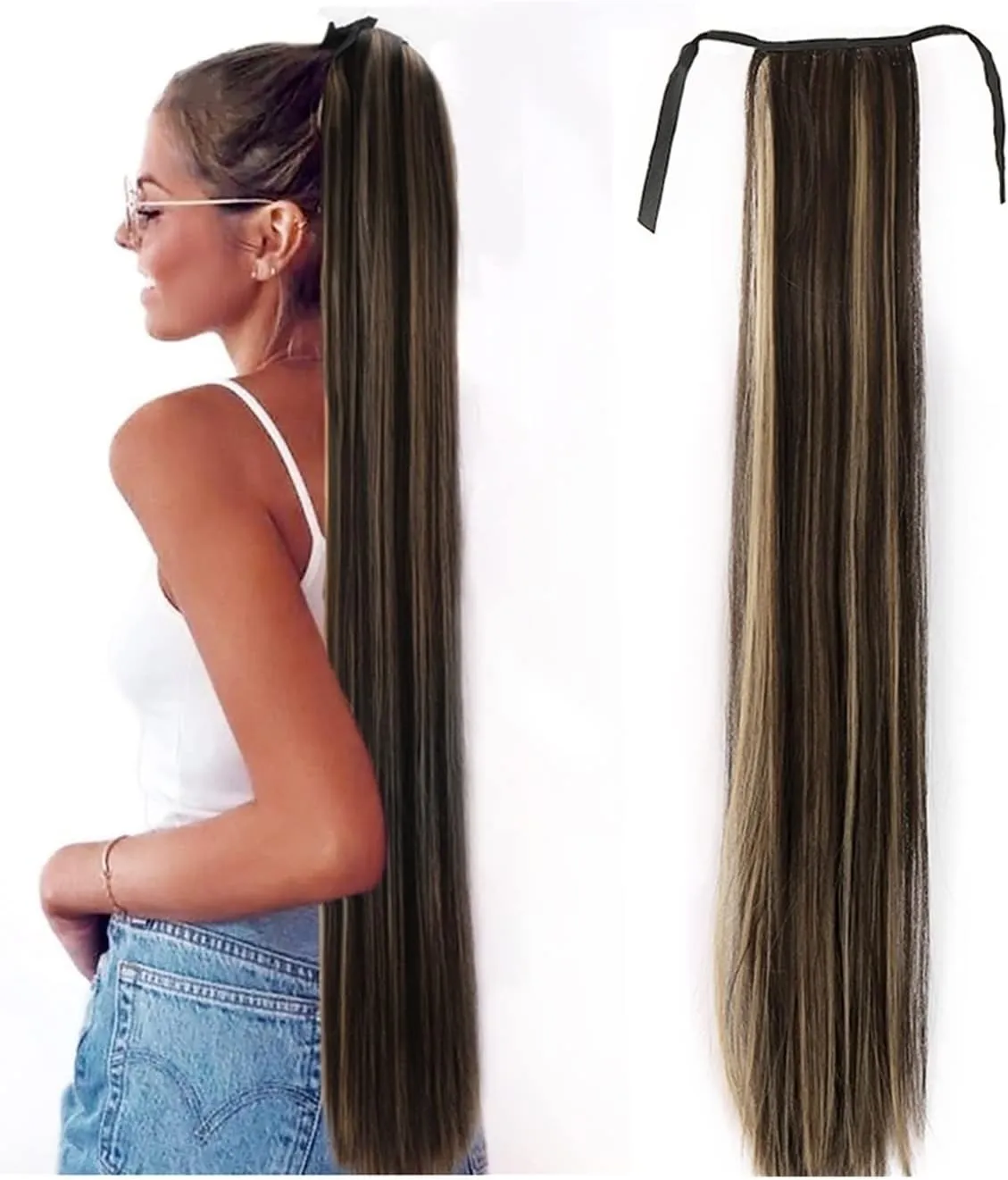 ENGENDER Hair Bun 1 Pack Long Straight Drawstring Hair Clip Ponytail Extension Synthetic Wig Hair Extensions Bun for Everyday Party Use Hair Piece(03,75CM)