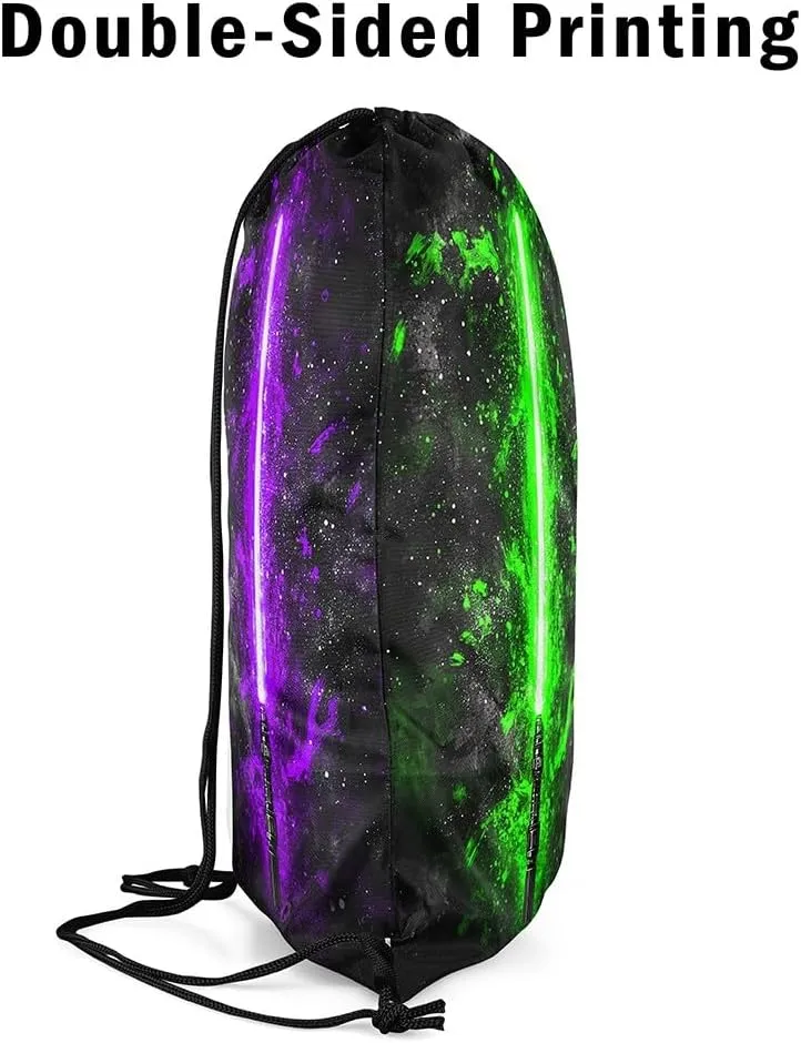 Erosebridal Lightsaber Drawstring Bags 13x15.7, Neon Green Purple Draw String Back Bag,Galaxy Starry Sky Drawstring Backpack Fashion Games Light Sword Cinch Bag for Shopping Pool Beach