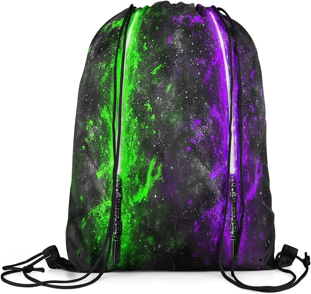 Erosebridal Lightsaber Drawstring Bags 13x15.7, Neon Green Purple Draw String Back Bag,Galaxy Starry Sky Drawstring Backpack Fashion Games Light Sword Cinch Bag for Shopping Pool Beach