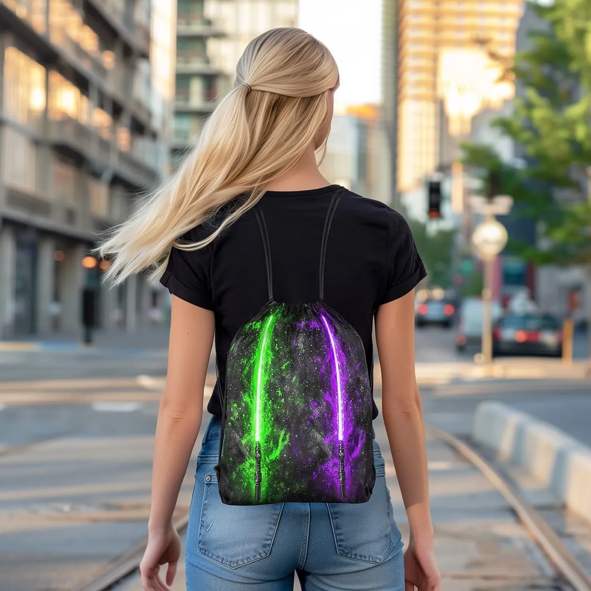 Erosebridal Lightsaber Drawstring Bags 13x15.7, Neon Green Purple Draw String Back Bag,Galaxy Starry Sky Drawstring Backpack Fashion Games Light Sword Cinch Bag for Shopping Pool Beach