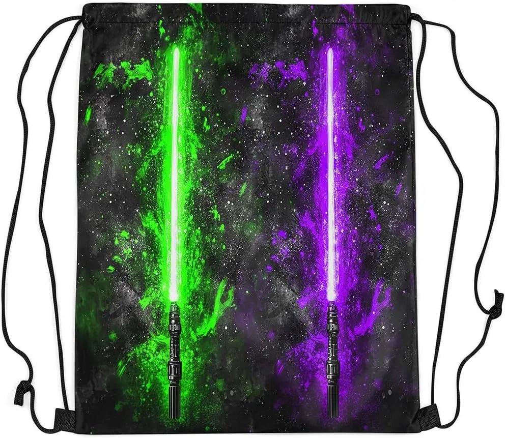 Erosebridal Lightsaber Drawstring Bags 13x15.7, Neon Green Purple Draw String Back Bag,Galaxy Starry Sky Drawstring Backpack Fashion Games Light Sword Cinch Bag for Shopping Pool Beach
