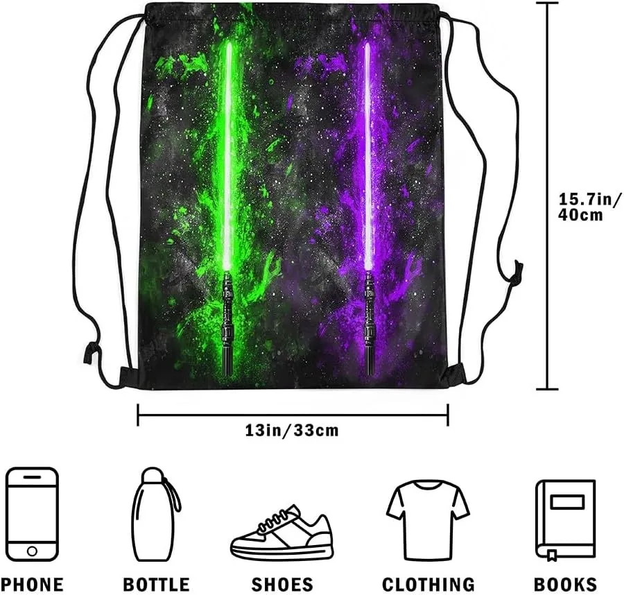 Erosebridal Lightsaber Drawstring Bags 13x15.7, Neon Green Purple Draw String Back Bag,Galaxy Starry Sky Drawstring Backpack Fashion Games Light Sword Cinch Bag for Shopping Pool Beach