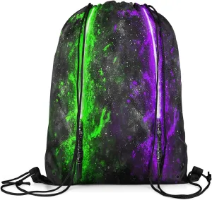 Erosebridal Lightsaber Drawstring Bags 13x15.7, Neon Green Purple Draw String Back Bag,Galaxy Starry Sky Drawstring Backpack Fashion Games Light Sword Cinch Bag for Shopping Pool Beach